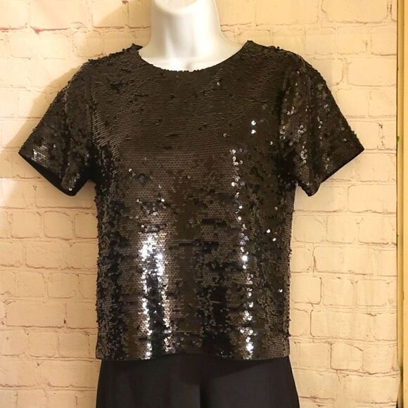 NWT Michael Kors Black Sequin Short Sleeve T-Shirt Style Top sz.XS MSRP $140 - Picture 1 of 9